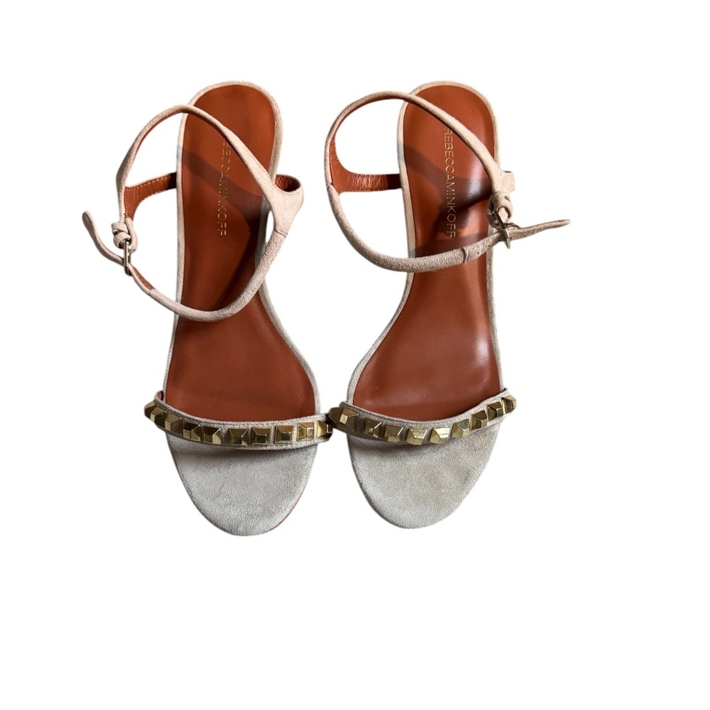 Rebecca Minkoff Studded Ankle Strap Sandals — Gold Studs, Suede | Size 10